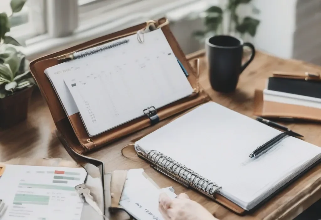 Open budget binder with labeled sections for monthly bills, spending tracker, and financial goals.