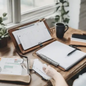 Open budget binder with labeled sections for monthly bills, spending tracker, and financial goals.