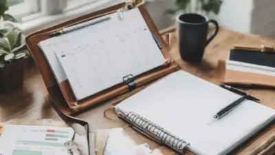 Open budget binder with labeled sections for monthly bills, spending tracker, and financial goals.