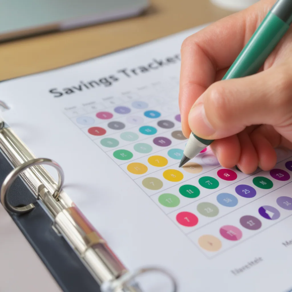 A Hand Marking Colorful Savings Tracker Chart