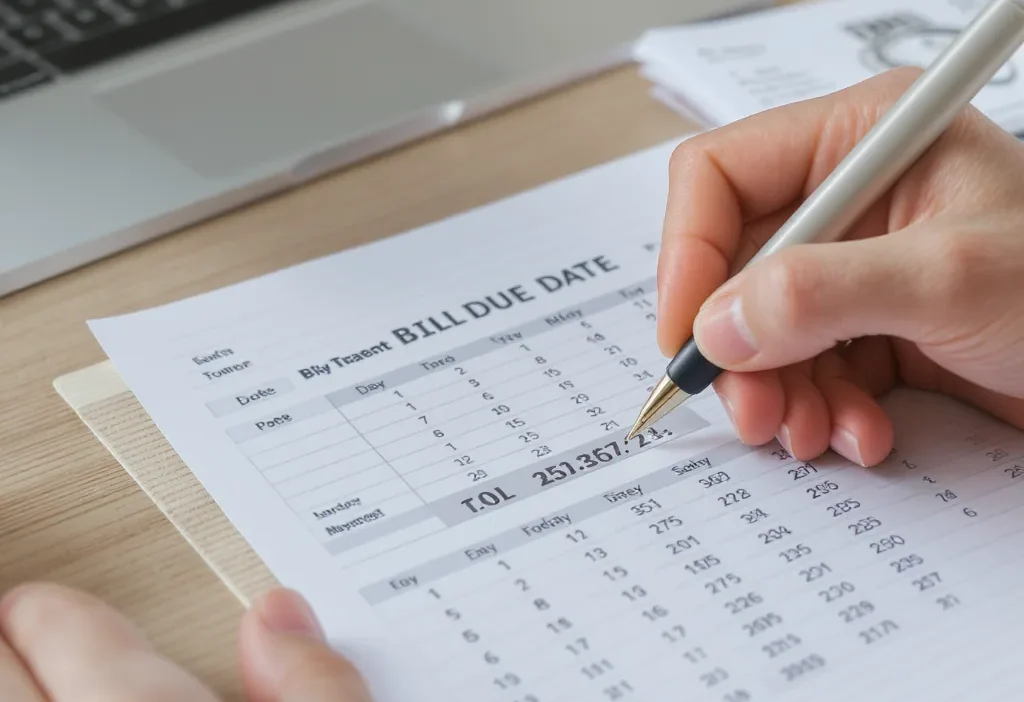 Organizing monthly bills by due date and payment method using a color-coded calendar and spreadsheet