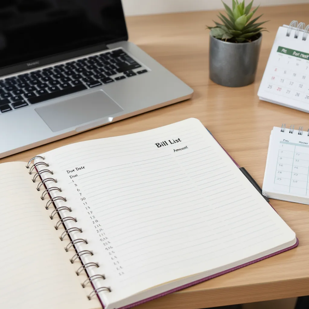 Clean Desk With An Open Notebook Showing A Bill List
