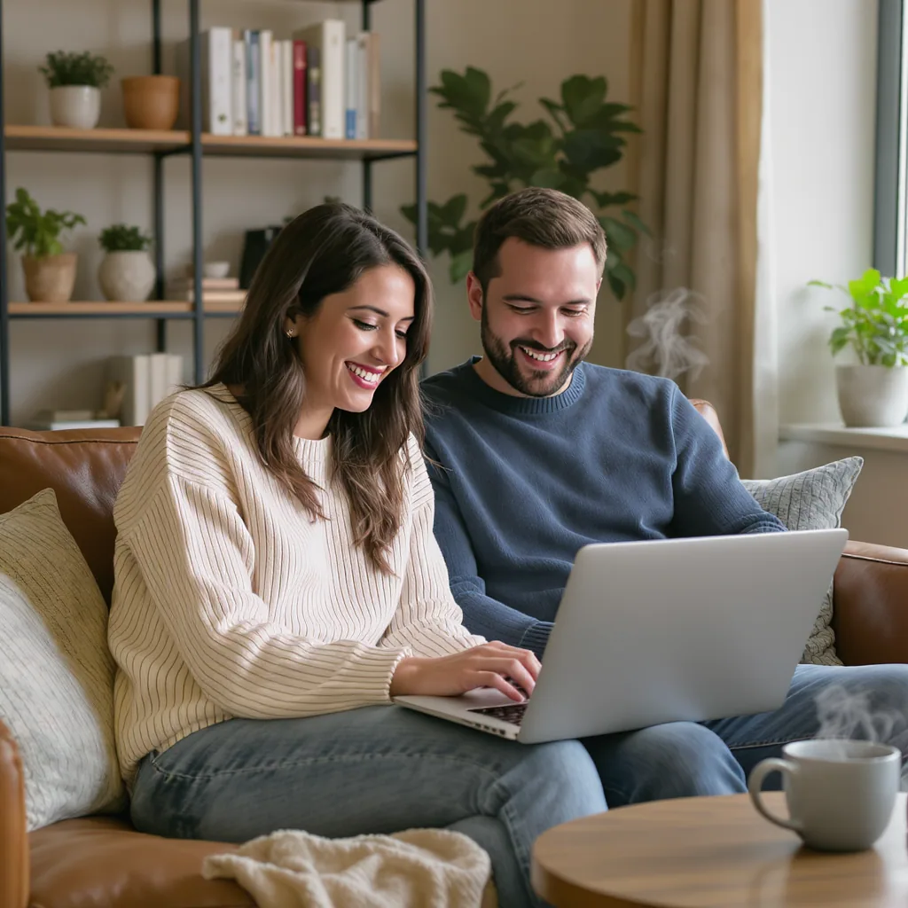Smiling Couple Collaborating On A Laptop Couch With Coffee