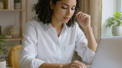 Woman restarting her budget plan with a calendar, calculator, and notebook on a desk.