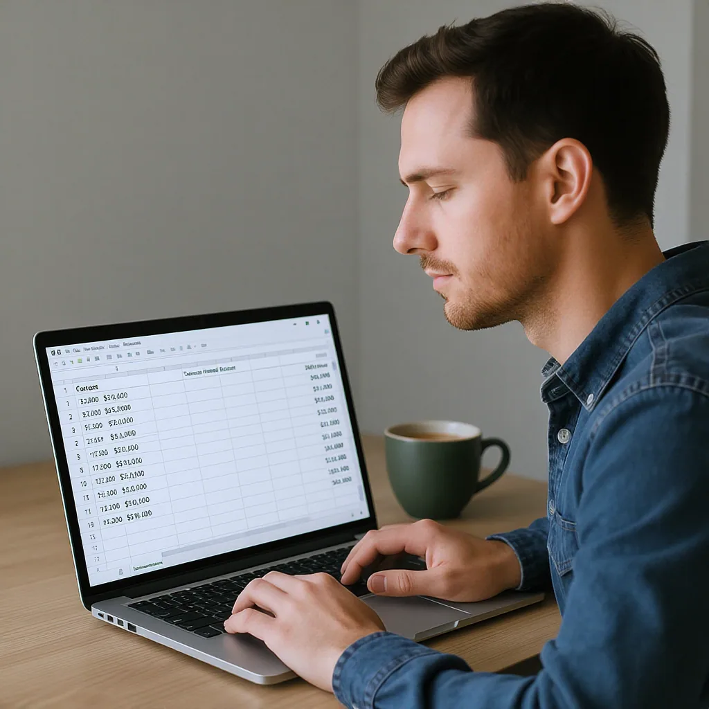 Person Reviewing A Simple Financial Spreadsheet On Laptop With Coffee