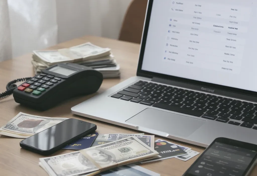 A person using a smartphone, notebook, and credit cards to track cash, card, and app expenses.