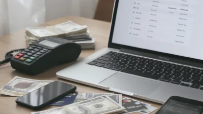 A person using a smartphone, notebook, and credit cards to track cash, card, and app expenses.
