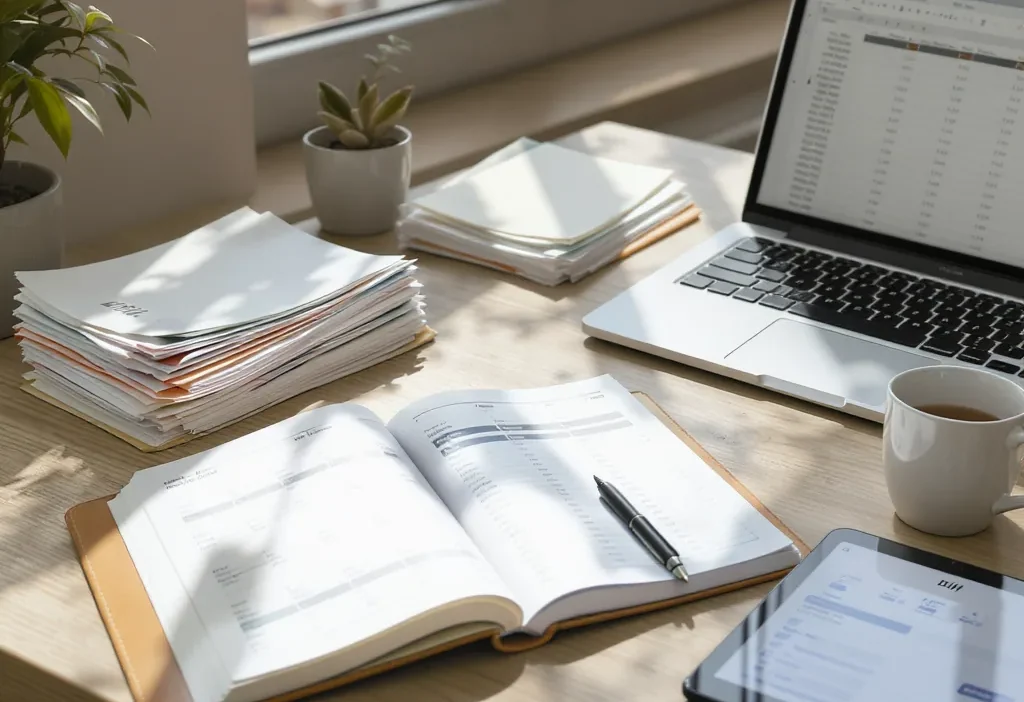 A home bill organization system with labeled folders, a calendar, and budgeting tools on a desk.