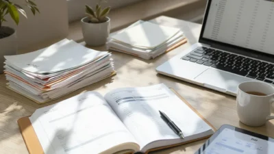 A home bill organization system with labeled folders, a calendar, and budgeting tools on a desk.