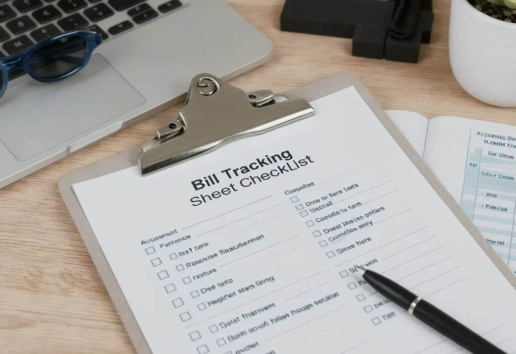 Printable bill tracking sheet checklist for managing monthly recurring and variable expenses with categories and due dates.