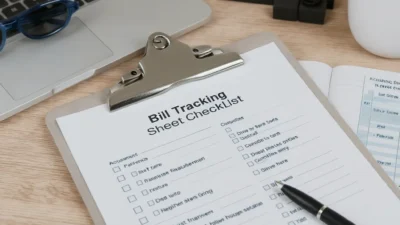 Printable bill tracking sheet checklist for managing monthly recurring and variable expenses with categories and due dates.