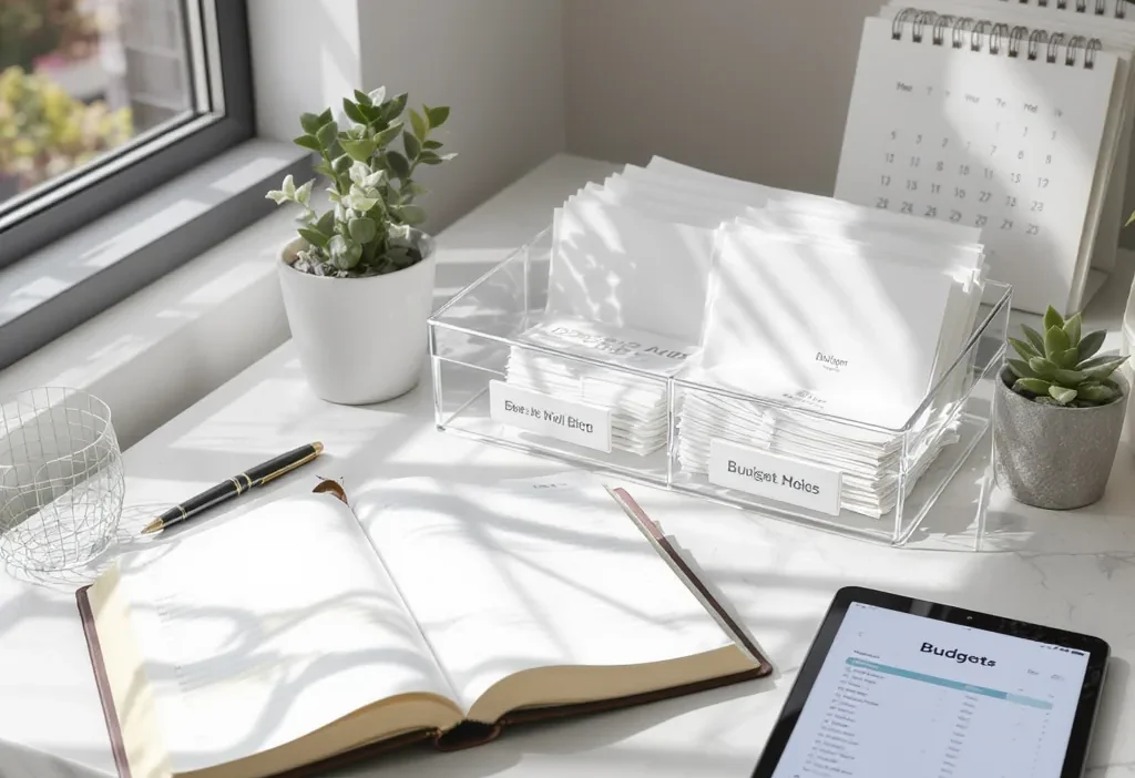 A person organizing bills and receipts in labeled folders on a tidy desk