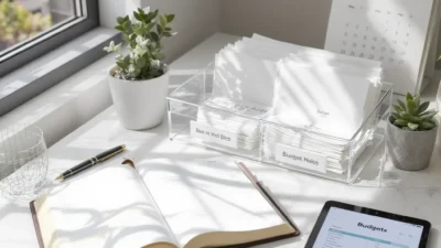 A person organizing bills and receipts in labeled folders on a tidy desk