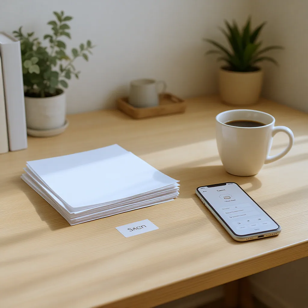 Clean Home Desk With A Stack Of Papers Folder Phone