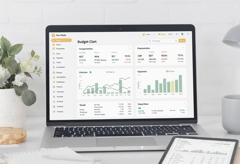 Comparison of a budget app on a smartphone and a spreadsheet on a laptop for personal finance organization