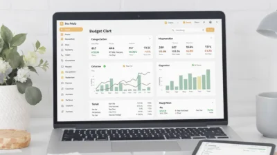 Comparison of a budget app on a smartphone and a spreadsheet on a laptop for personal finance organization