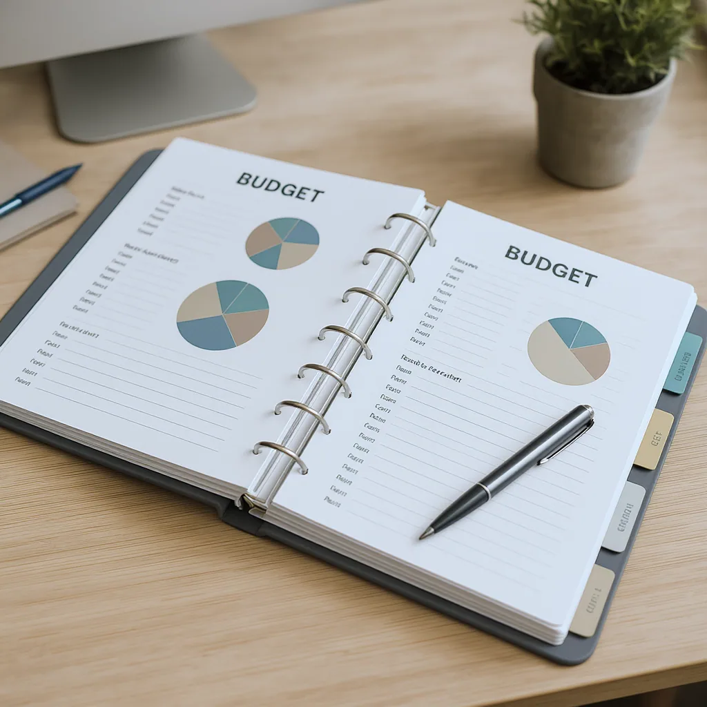 Open Budget Binder On A Desk With Tabbed Sections And