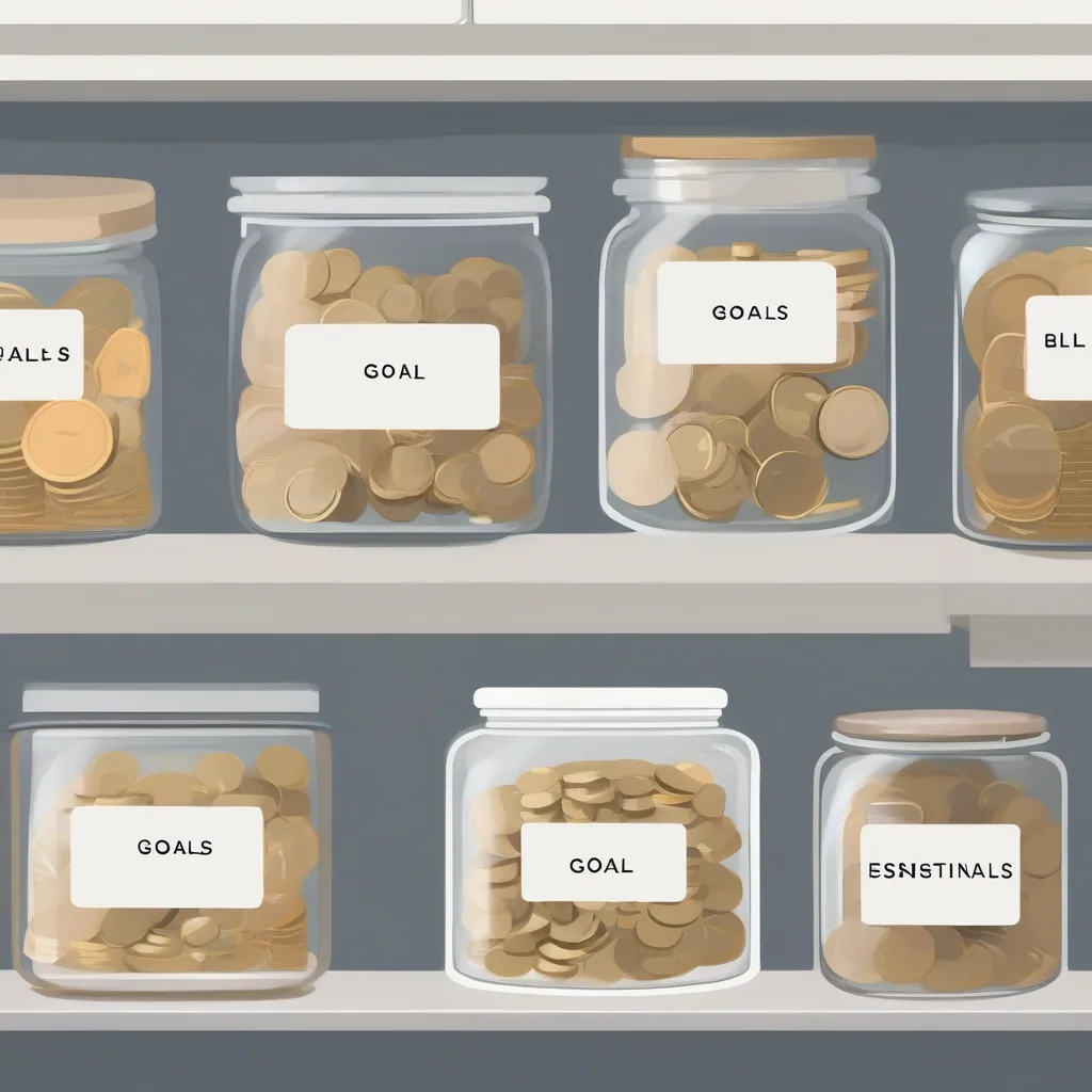 Four Jars Labeled Essentials Lifestyle Goals And Buffer With Money
