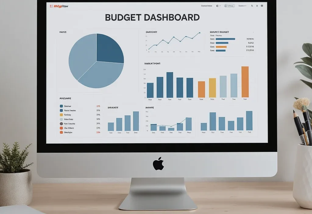 A home budget dashboard on a laptop showing income, expenses, and savings charts for financial planning.