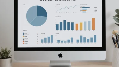 A home budget dashboard on a laptop showing income, expenses, and savings charts for financial planning.