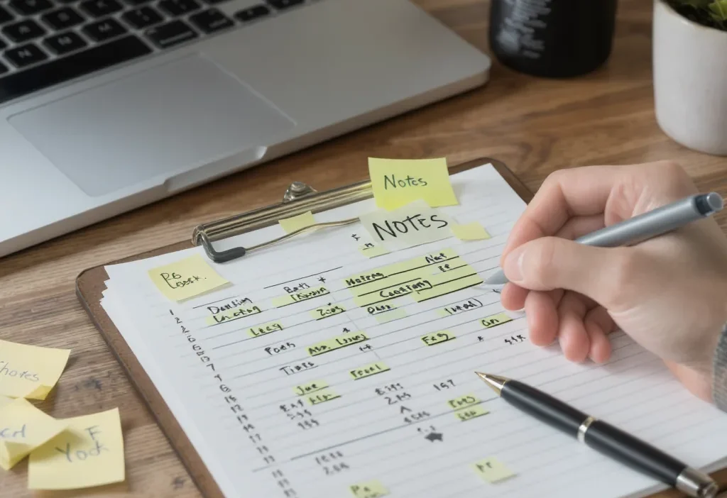 A person using a digital tablet to track budget changes with clear notes and color-coded comments.