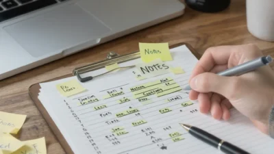 A person using a digital tablet to track budget changes with clear notes and color-coded comments.