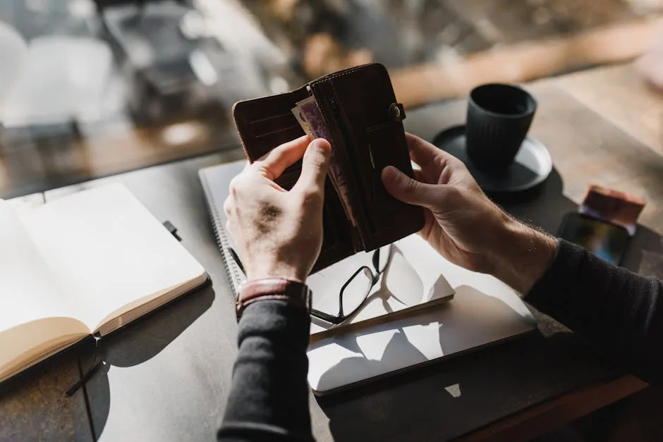 Person Smiling While Writing In A Budget Notebook With Cup