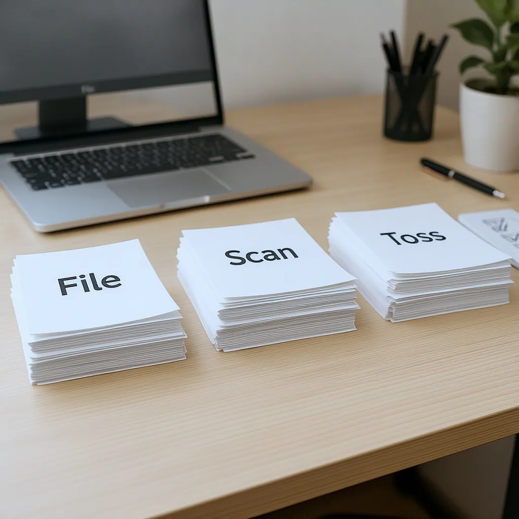Minimalist Desk With Three Paper Piles Labeled File Scan And