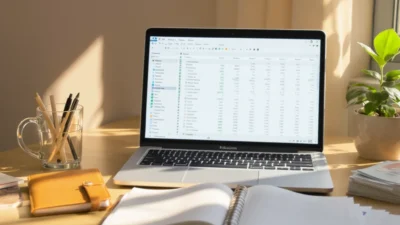 Woman using a notebook and calculator to plan a monthly budget for financial organization