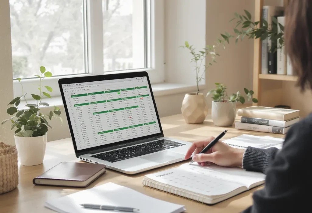 A printable weekly and monthly budget review checklist with columns for income, expenses, and savings goals.