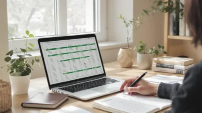 A printable weekly and monthly budget review checklist with columns for income, expenses, and savings goals.