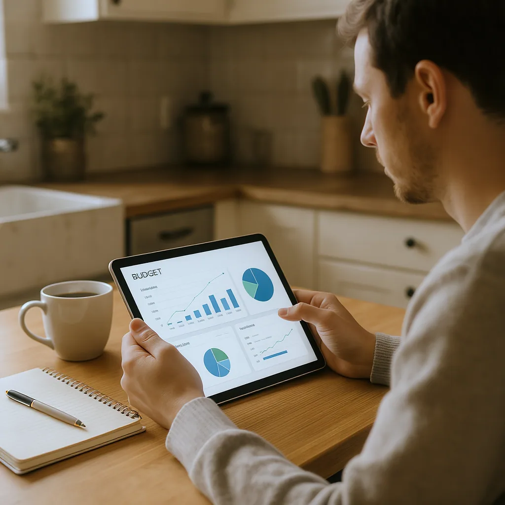 Person Reviewing A Budget Dashboard On Tablet At Kitchen Table