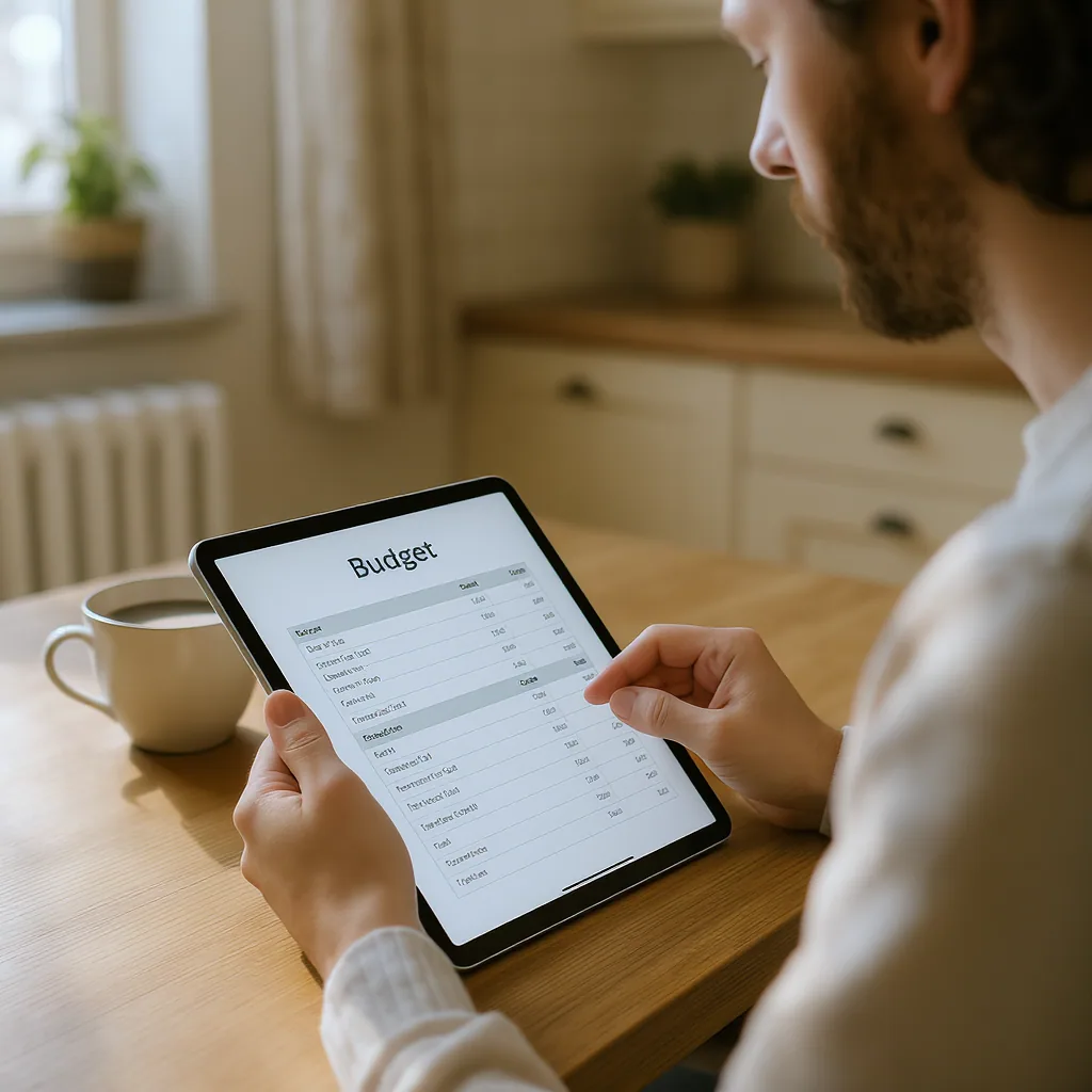 Person Reviewing A Budget On Tablet At Kitchen Table With