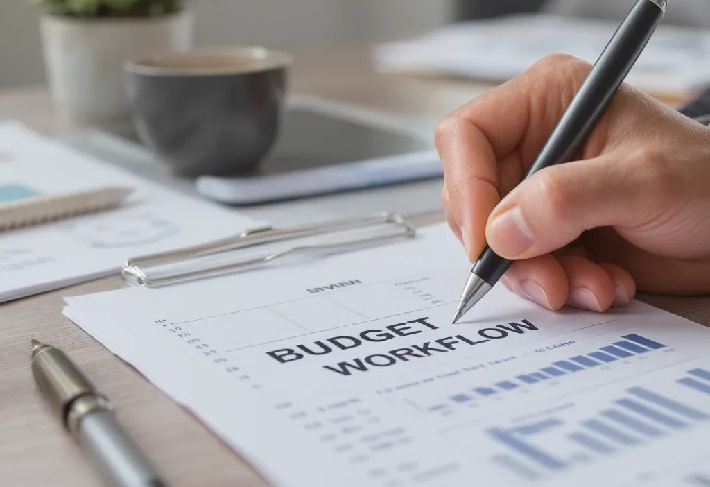 Flowchart illustrating a monthly budget tracking workflow and review process for personal finance management.