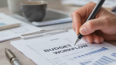 Flowchart illustrating a monthly budget tracking workflow and review process for personal finance management.