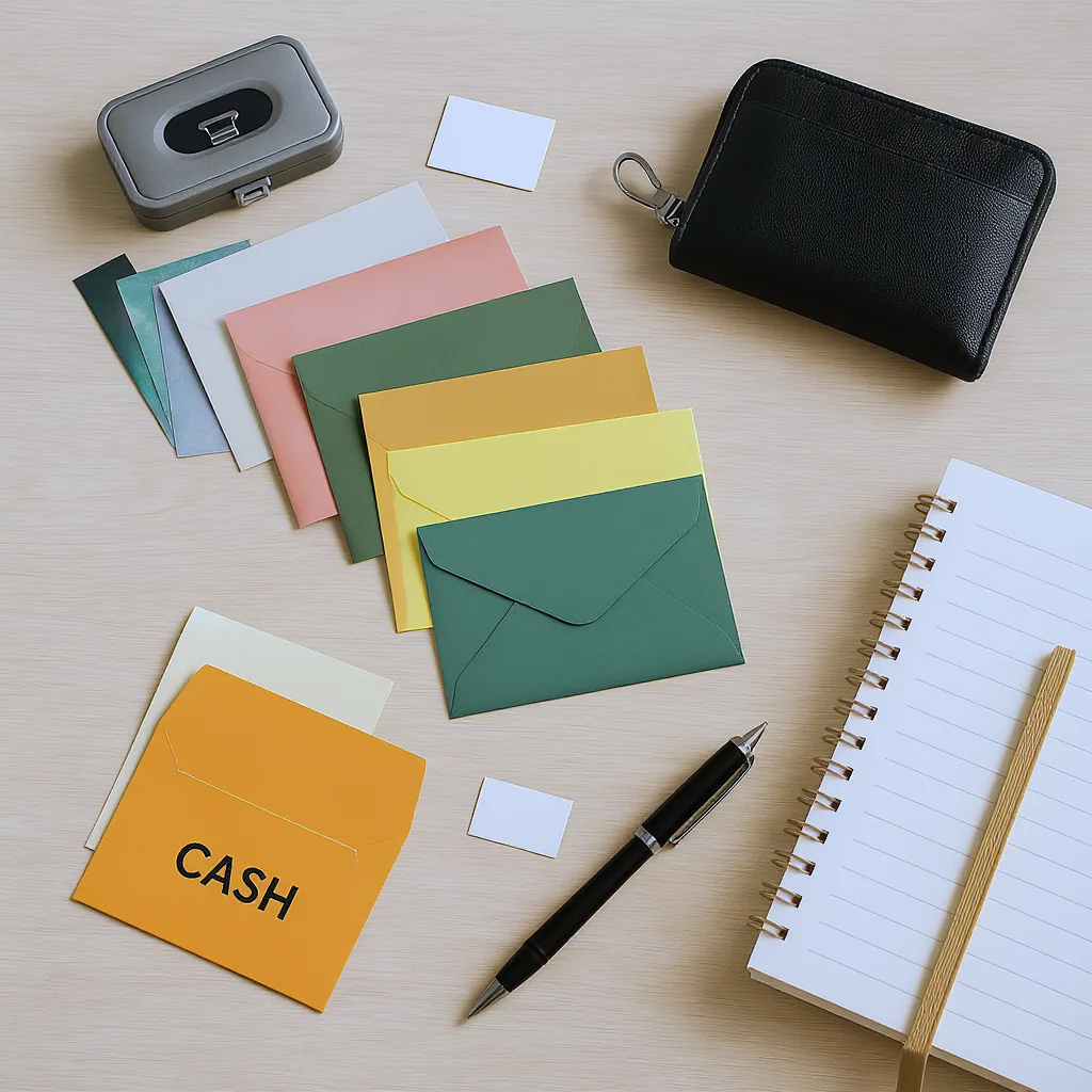 Flat Lay Of Colorful Cash Envelopes A Wallet Labels Pen