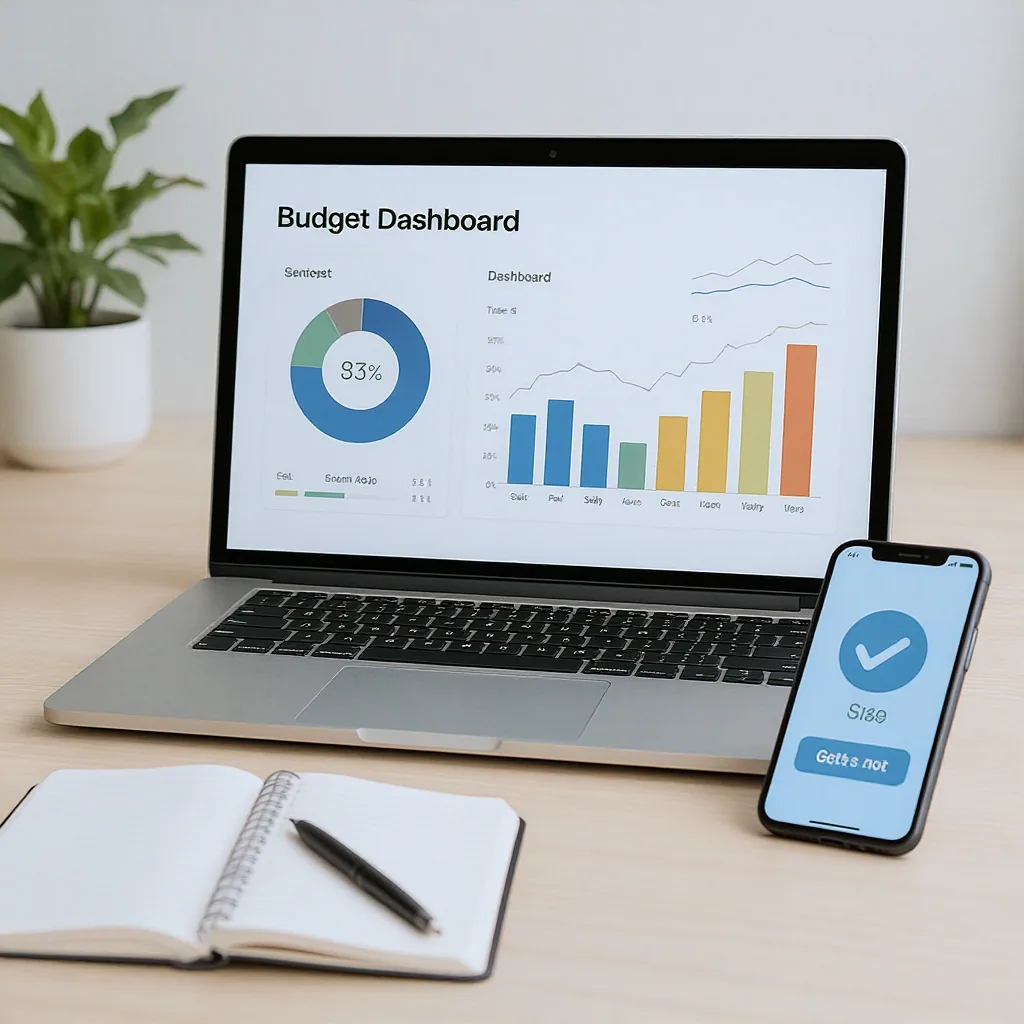 Clean Desk With A Laptop Showing Budget Dashboard Notebook And