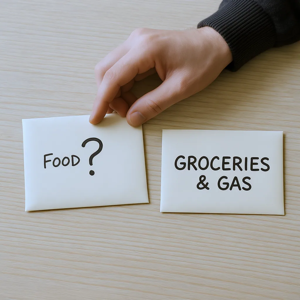 Person's Hand Hesitating Between Two Cash Envelopes One Labeled Food