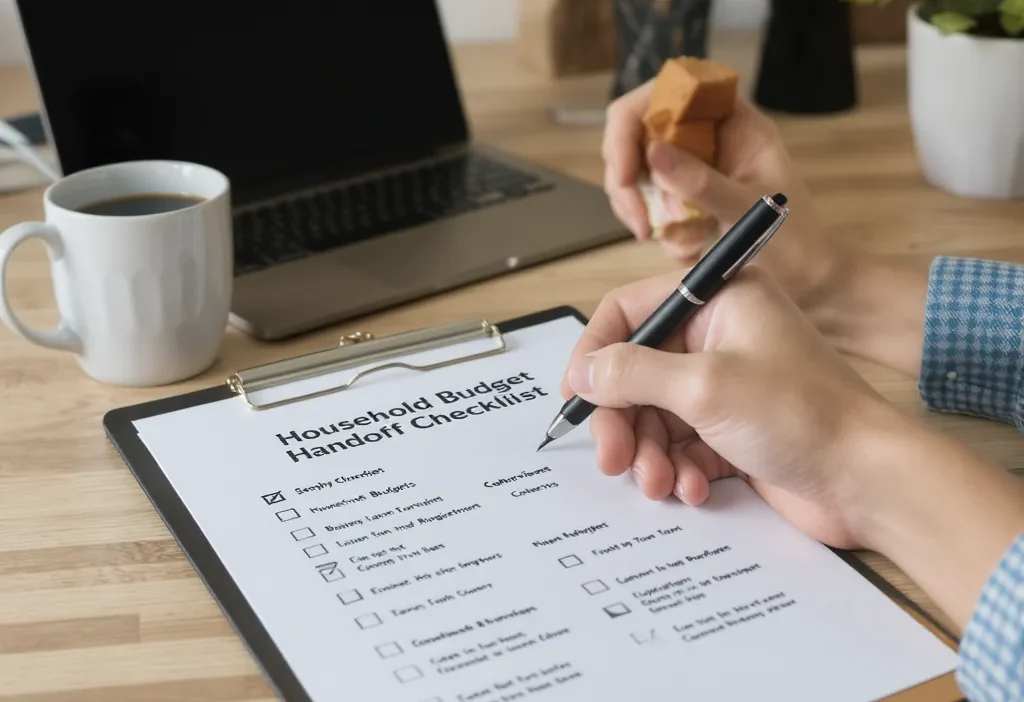 Printable household budget handoff checklist for couples managing shared financial responsibilities.