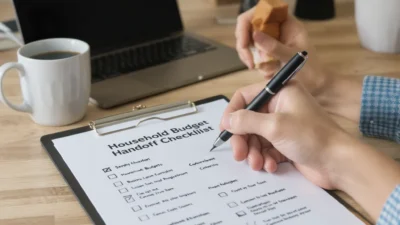 Printable household budget handoff checklist for couples managing shared financial responsibilities.