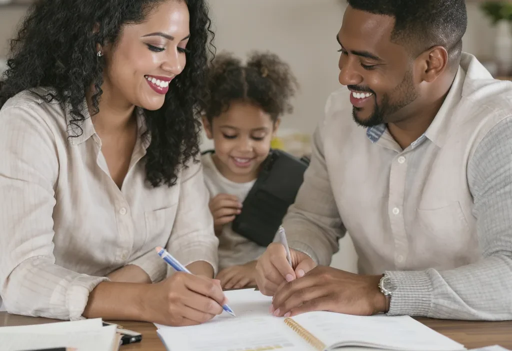 A flowchart illustrating a step-by-step household budget organization workflow with income, expenses, and savings.