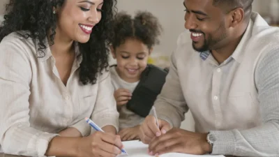 A flowchart illustrating a step-by-step household budget organization workflow with income, expenses, and savings.