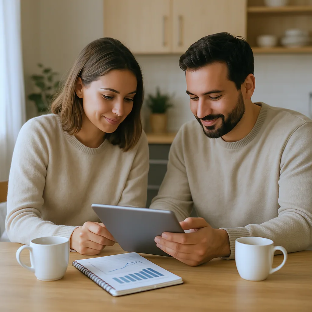 Couple Calmly Reviewing Finances On A Tablet At Kitchen Table