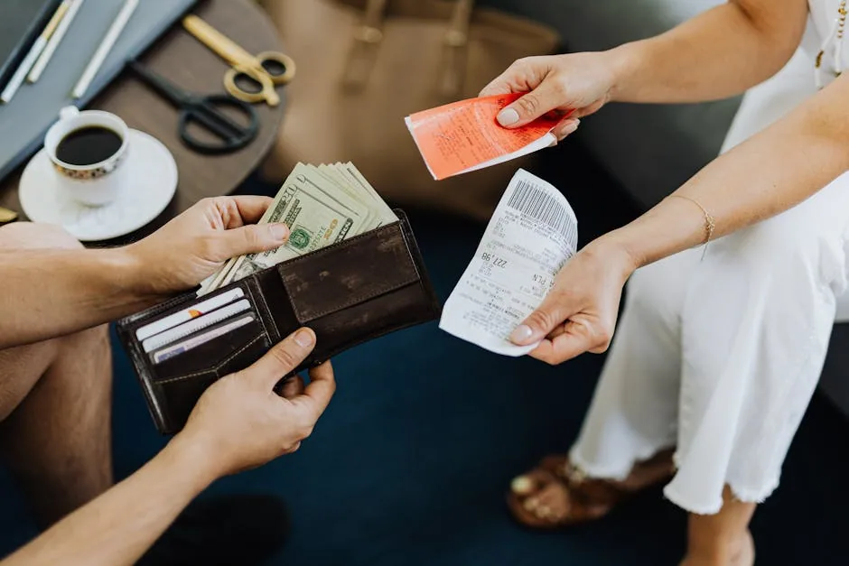 Person Organizing Receipts On A Laptop At Table To Track