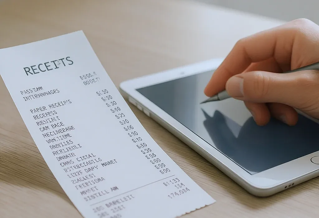 Comparison of paper receipts and digital receipts on a table with a smartphone