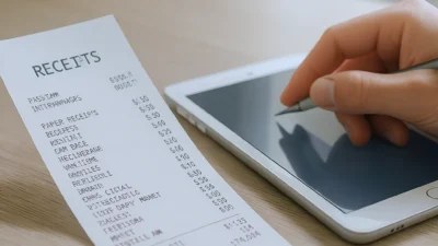 Comparison of paper receipts and digital receipts on a table with a smartphone