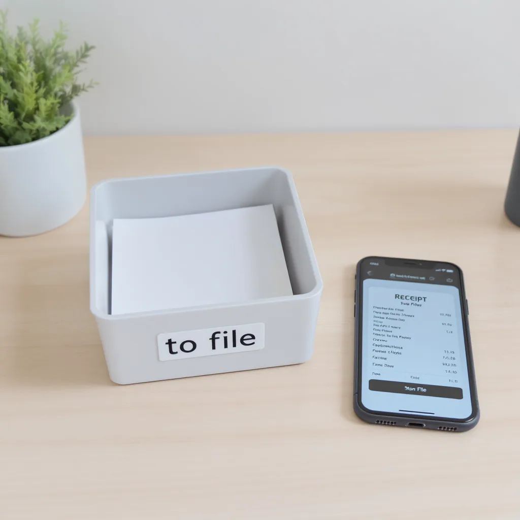 Minimalist Desk With Smartphone Showing Receipt Scanning App And Paper