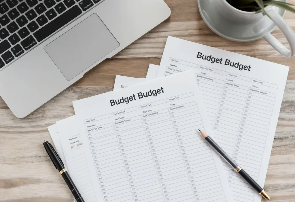 Printable budget planner pages with columns for daily expenses, savings goals, and monthly totals.