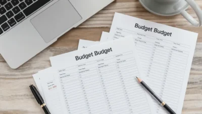 Printable budget planner pages with columns for daily expenses, savings goals, and monthly totals.