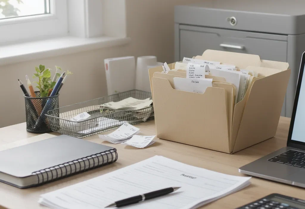 Organized receipt and budget document storage system with labeled folders and digital tablet